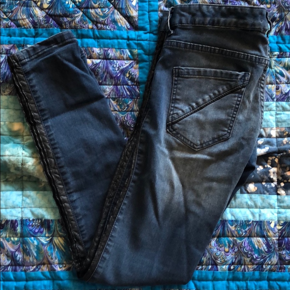 Free People Dark Wash Knee Fade Leather Pin Pant